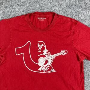 True Religion T-Shirt Mens Size XL Red Buddha Guitar Logo Graphic Tee Casual